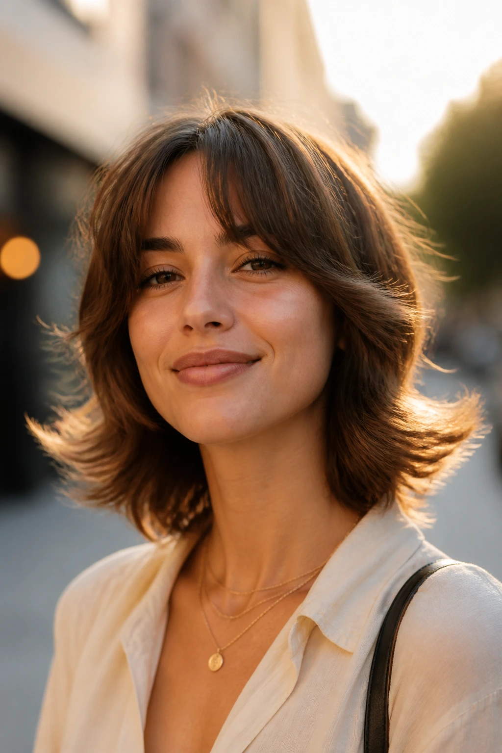 Portrait of a real woman with bouncy flip shag and outward-flipped ends in golden hour light