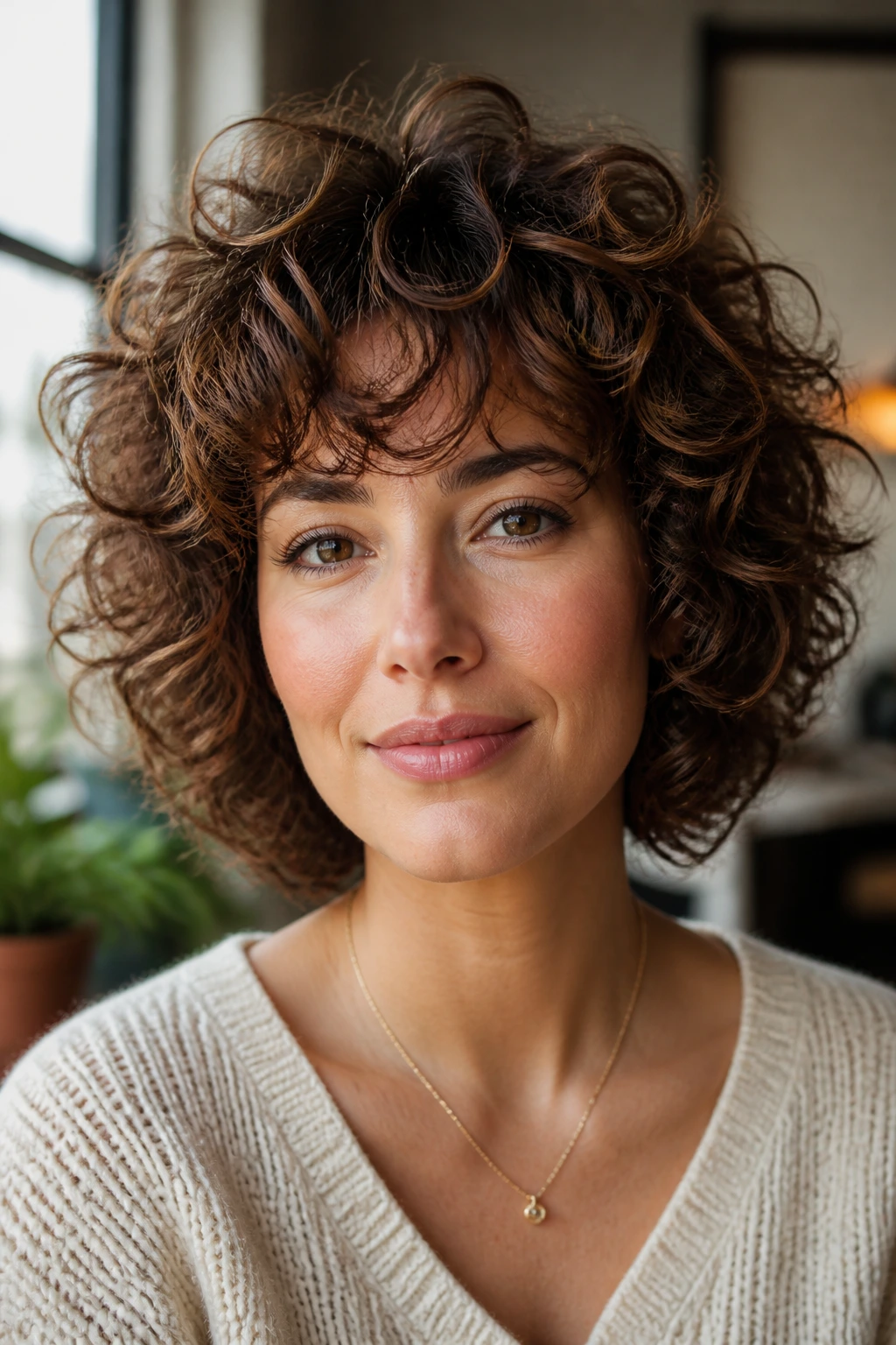 Close-up portrait of a real woman with a bouncy halo shag and halo-shaped curls.