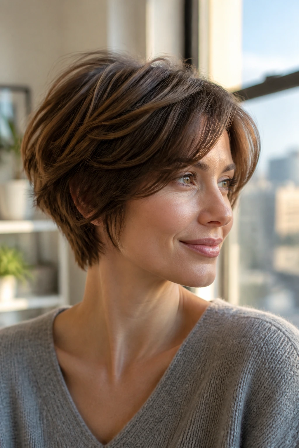 Close-up of real woman with bouncy layered crop in sunlit apartment