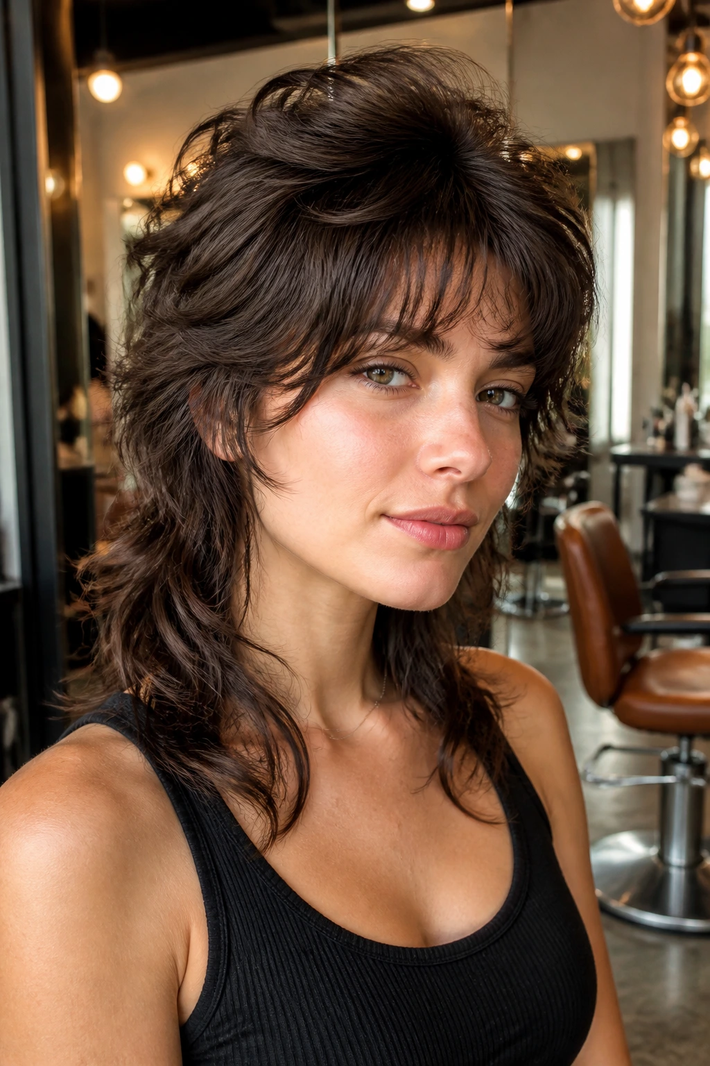 Close-up portrait of a real woman with a bouncy layered mullet in a salon