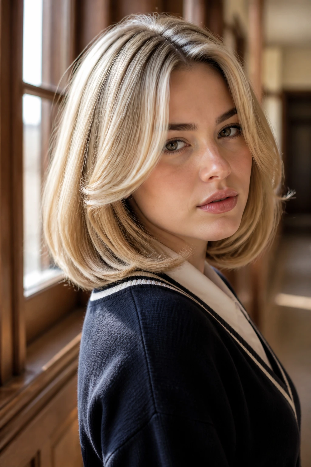Portrait of a real woman with a bouncy lob and Sabrina-School energy