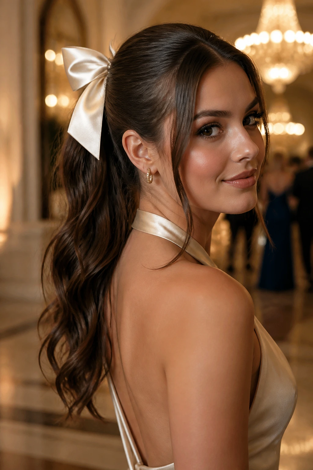 Portrait of real woman with satin bow at base of ponytail