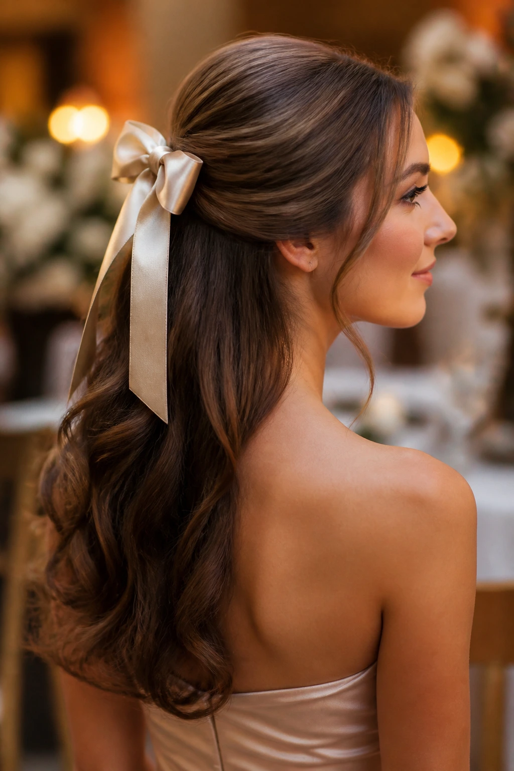 Close-up of a real woman with back-tied half-up and satin bow at the crown