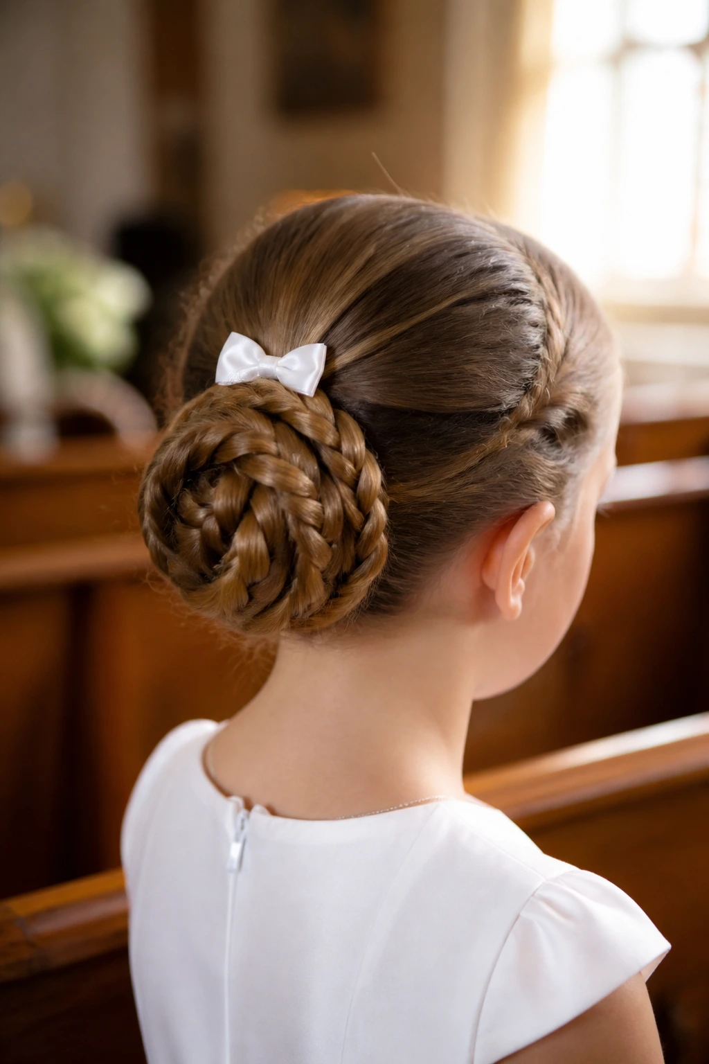 Close-up of a child wearing a braided bun with a small bow