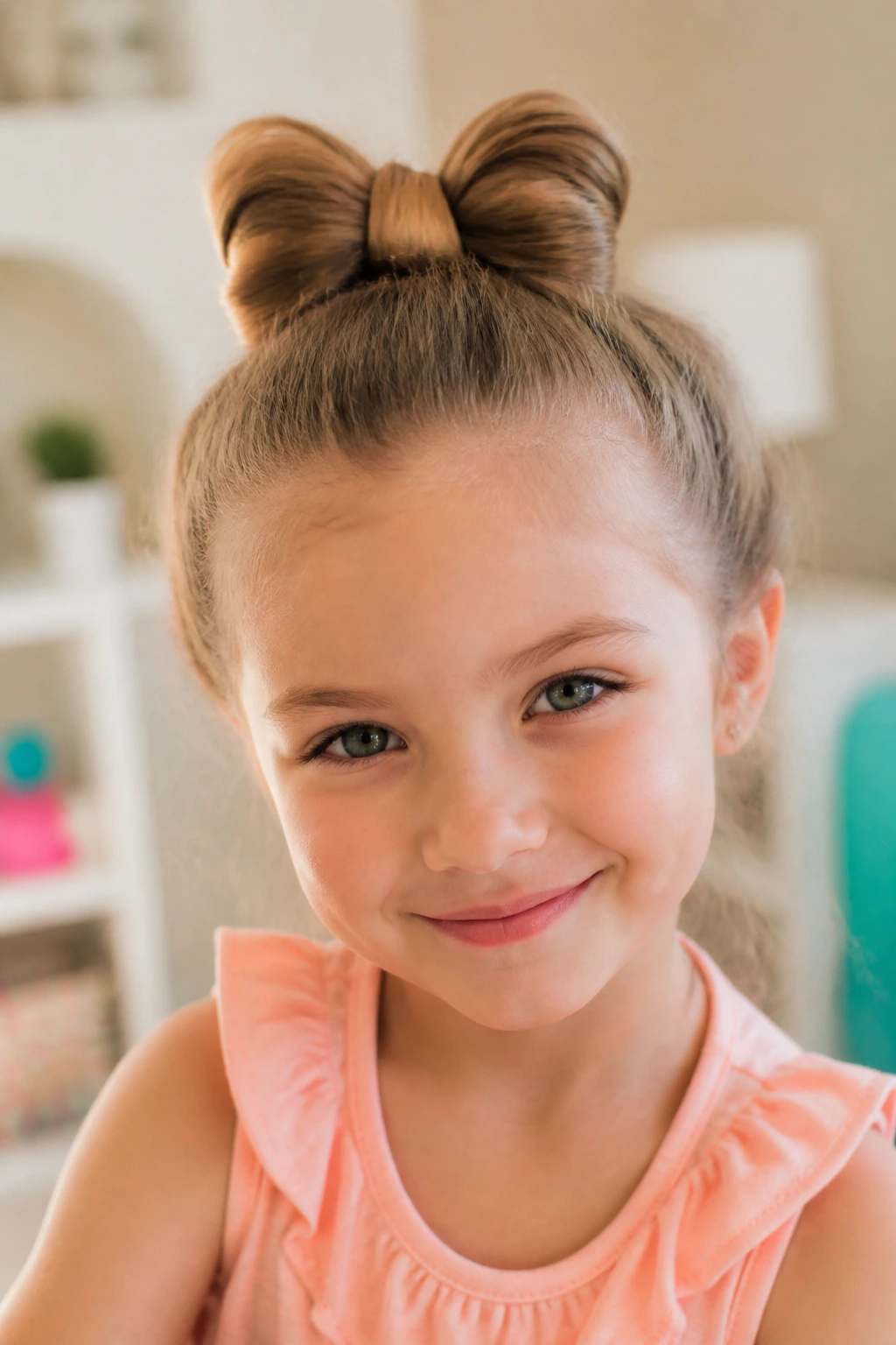 Close-up of a child wearing a bow bun hairstyle