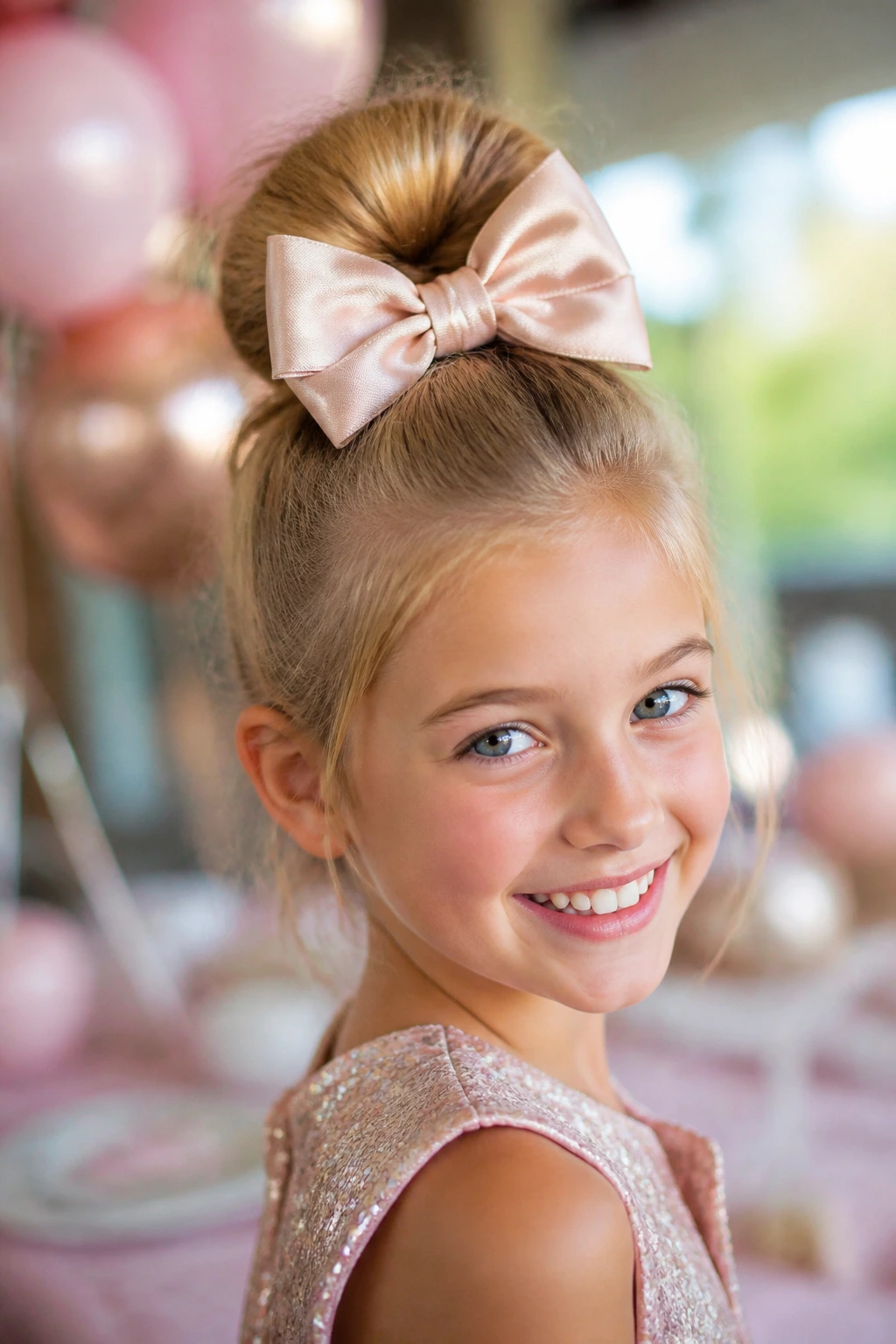 Close-up of a girl with a bow-top party bun