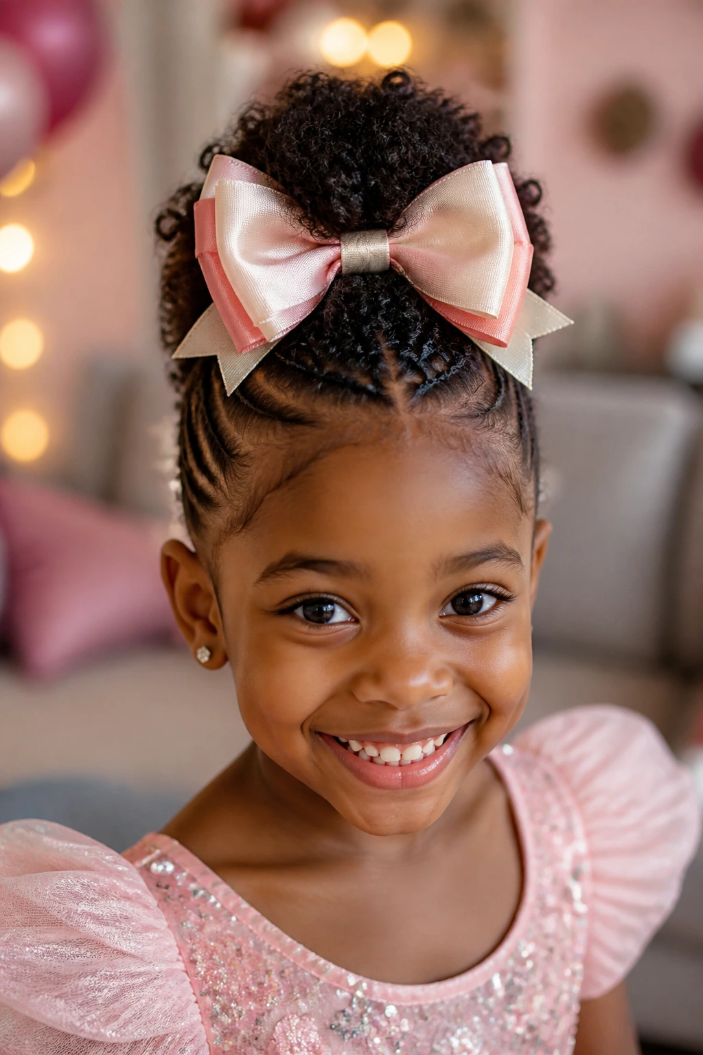Girl with bow-topped mohawk in a cheerful room