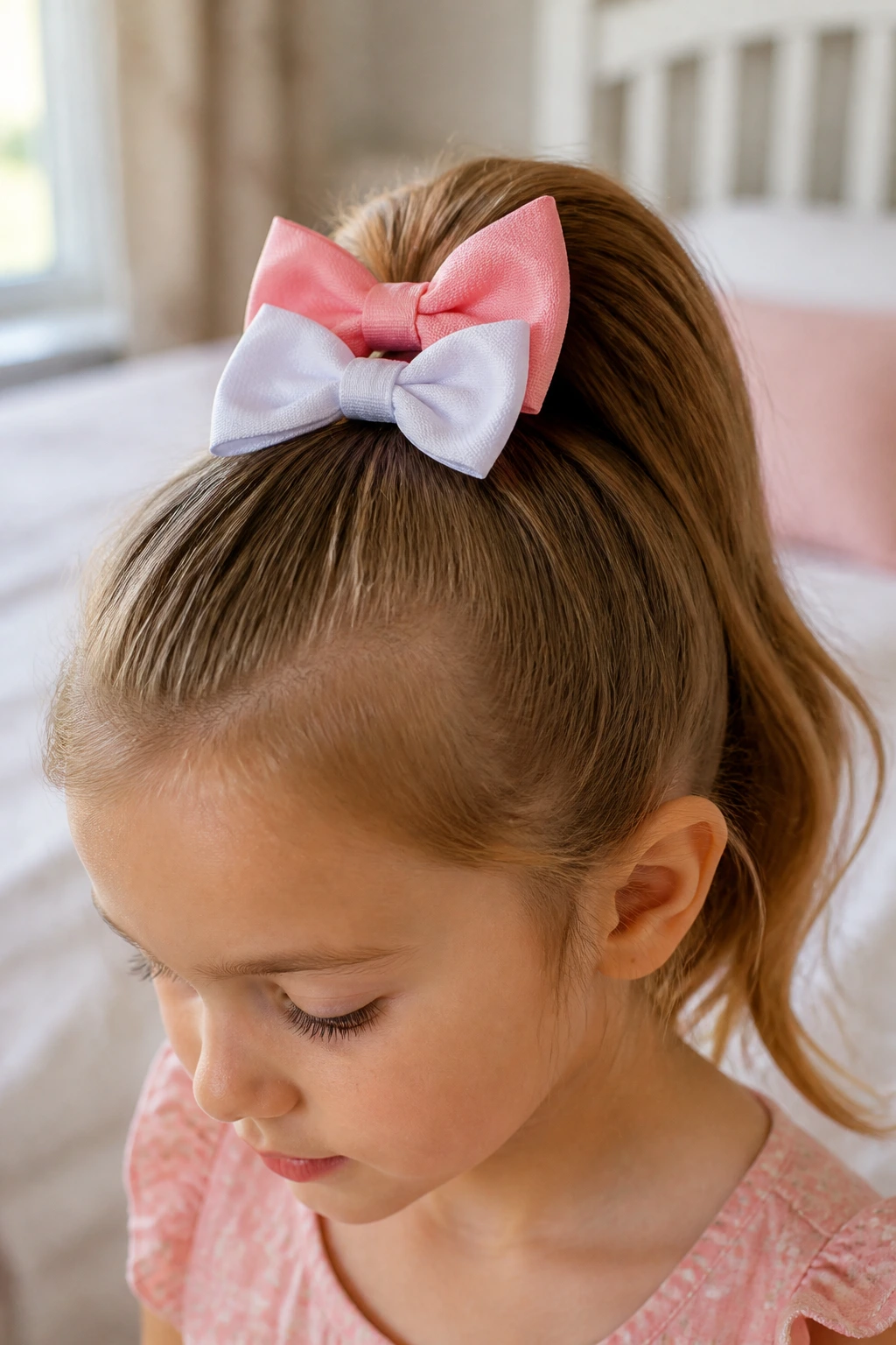 Close-up of a child with a bow-stack ponytail featuring layered bows in a sunlit bedroom