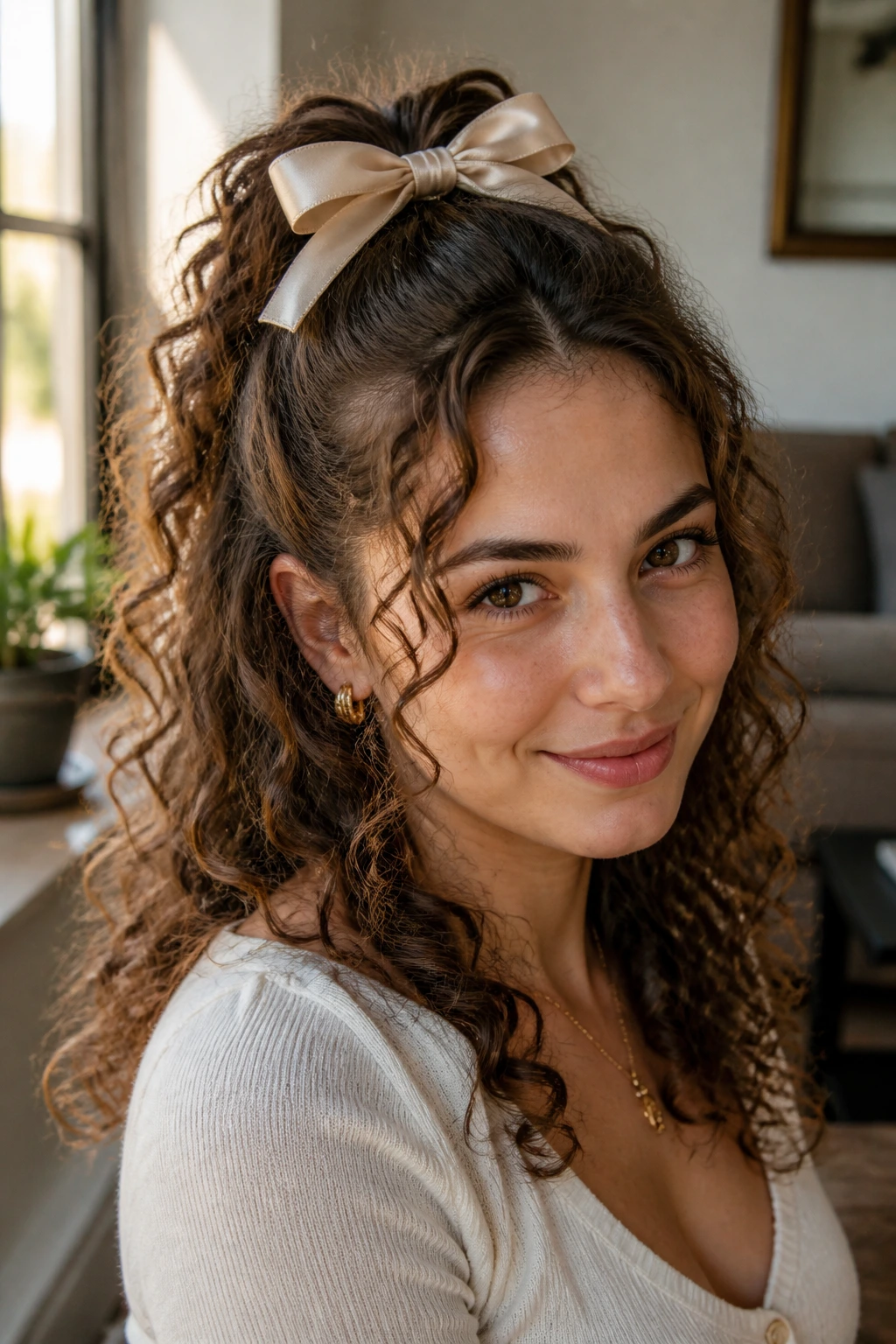 Real woman with bow-tied half-up hairstyle and satin ribbon bow