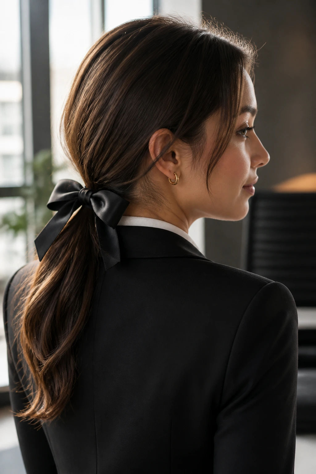Close-up of a real woman with a bow-tied low ponytail in a stylish office setting