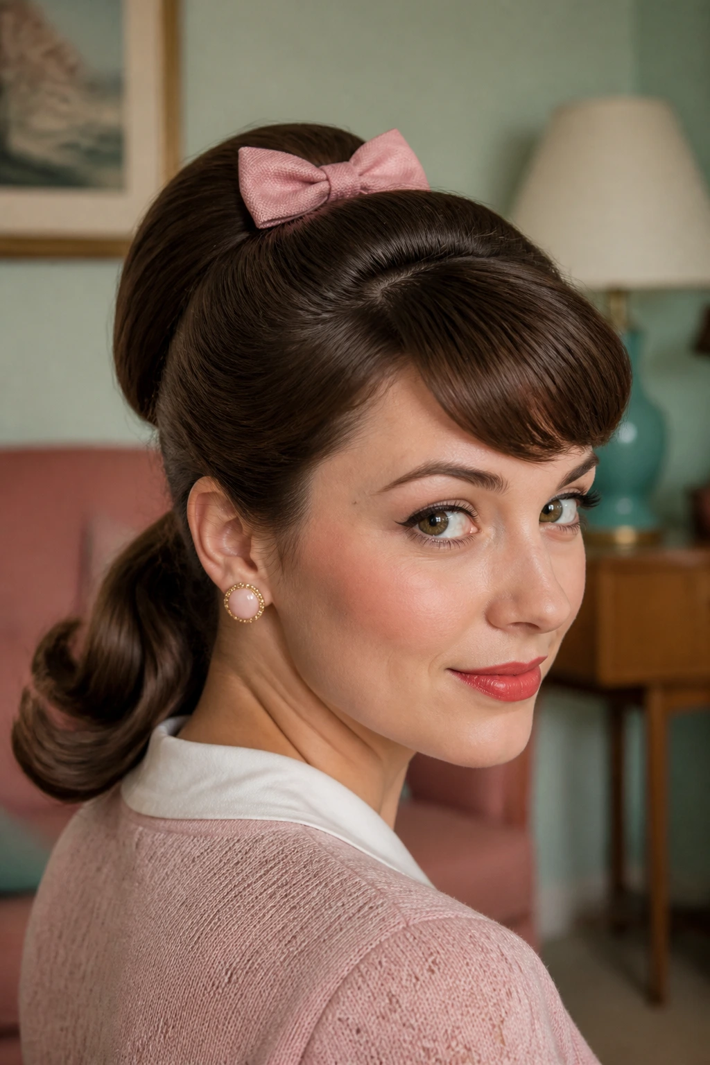 Portrait of a woman with a bow-tied mid-century ponytail