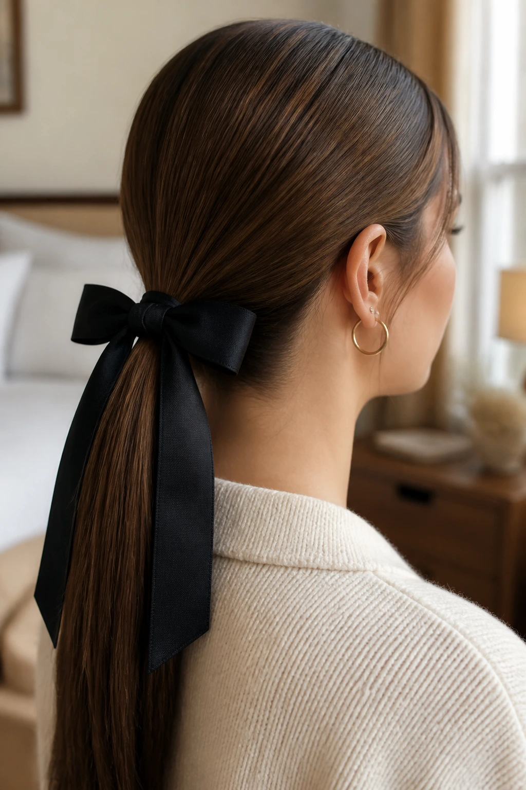 Close-up of a real woman with a bow-tied ponytail featuring a grosgrain ribbon around a sleek ponytail.