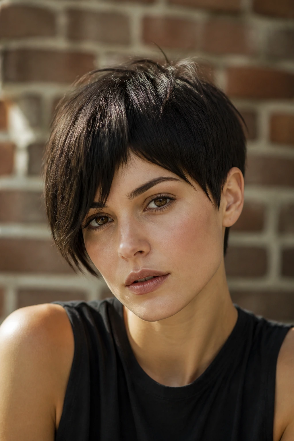 Portrait of a real person with a messy bowl-bixie and asymmetric bangs.