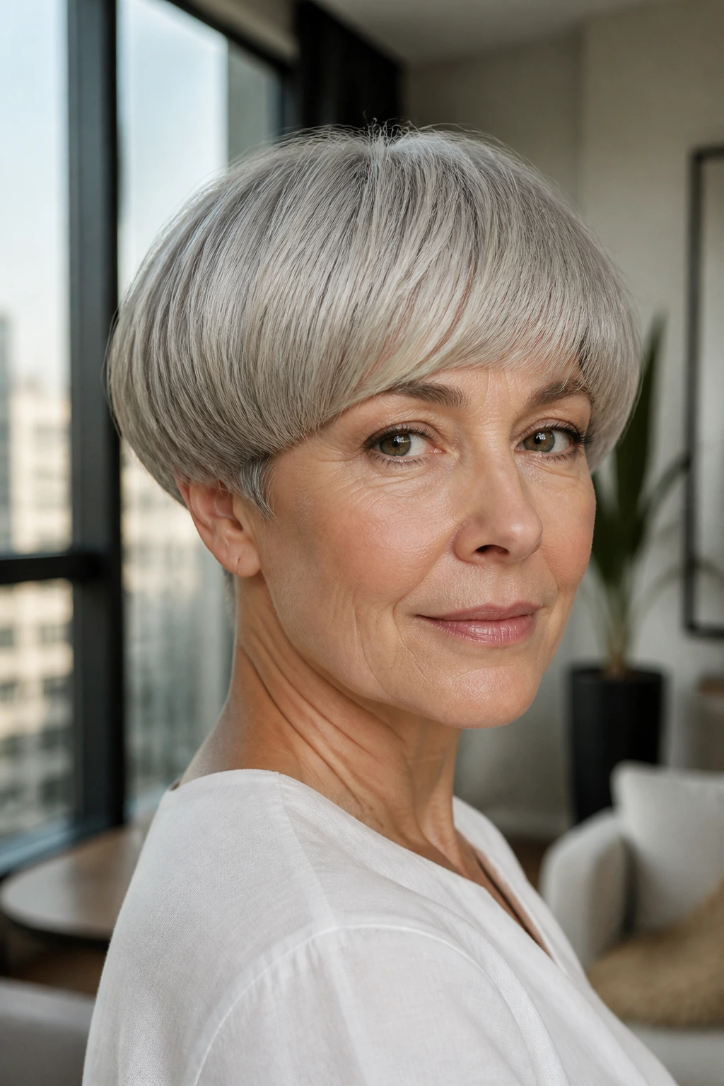 Portrait of a woman with a modern bowl-inspired crop.