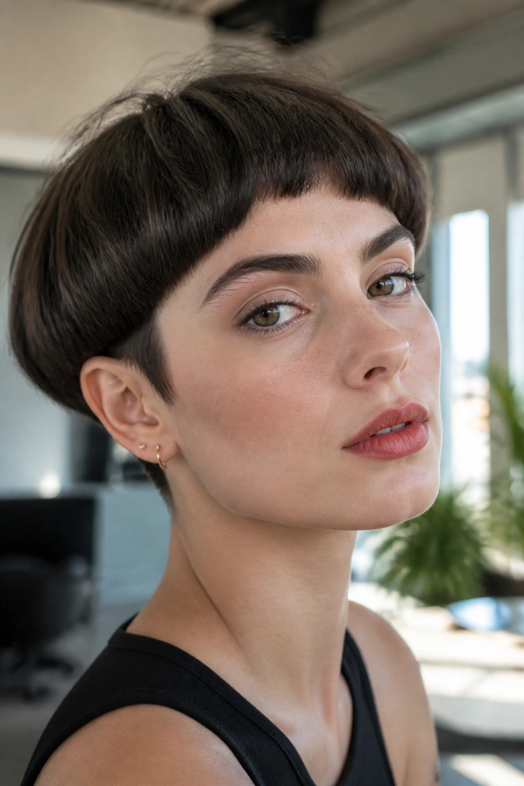 Portrait of a real person with an edgy bowl cut and arched bangs in bright interior