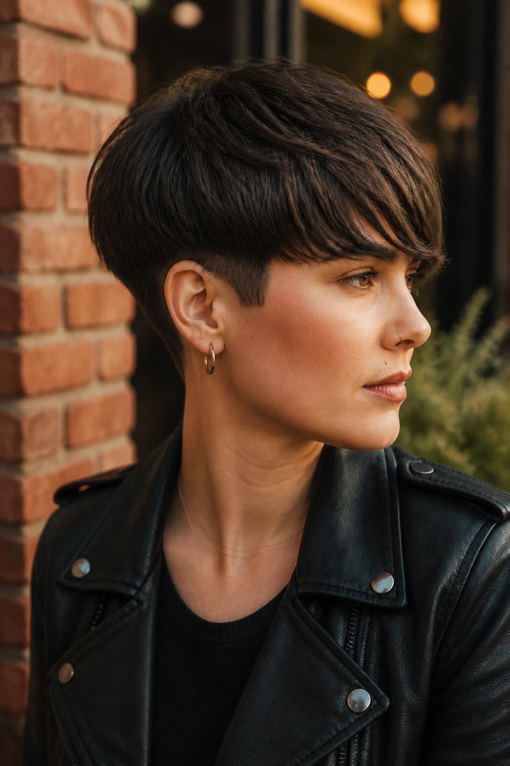 Woman with side-swept bowl cut with broken lines.