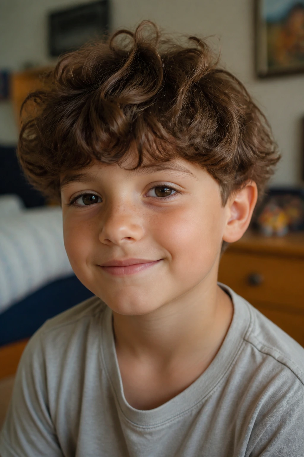Boy with tousled curly bowl cut in a cozy bedroom
