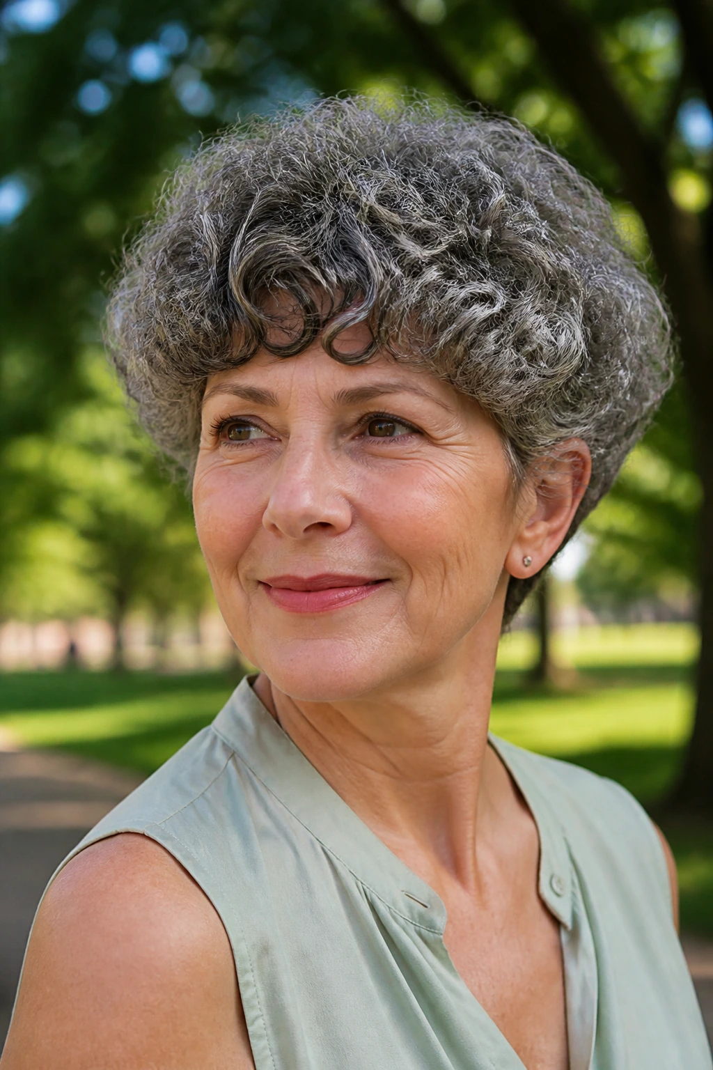 Close-up portrait of a woman with a rounded curly bowl cut in a sunlit park setting.