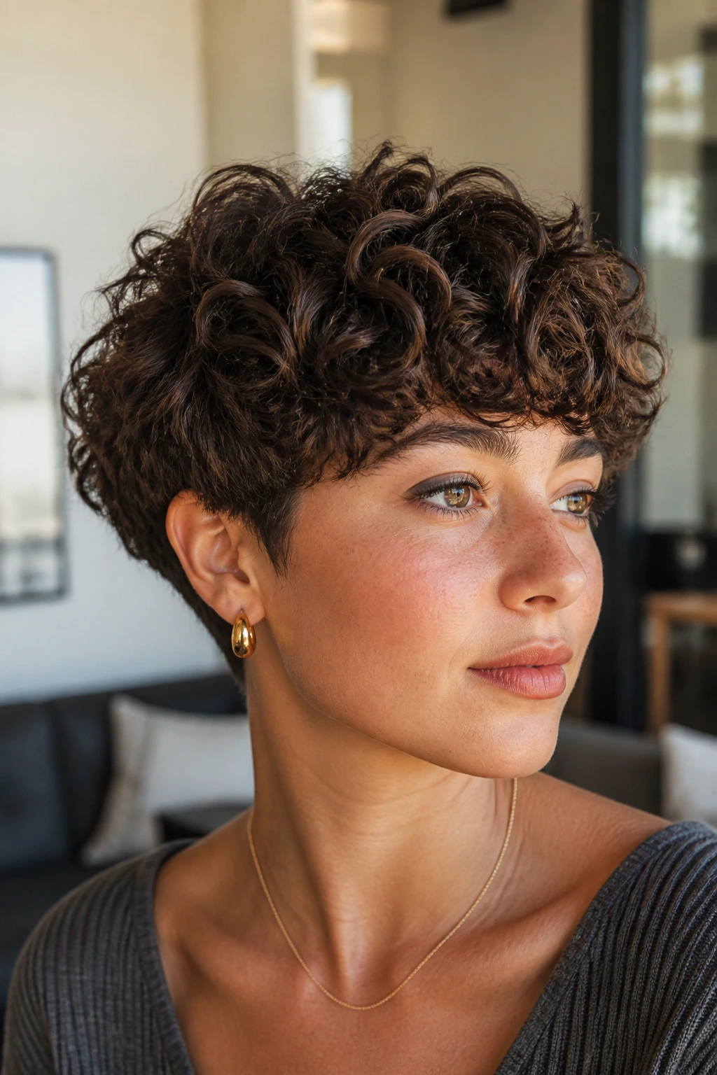 Close-up of a real person with a soft curly bowl cut featuring internal layers on a round face