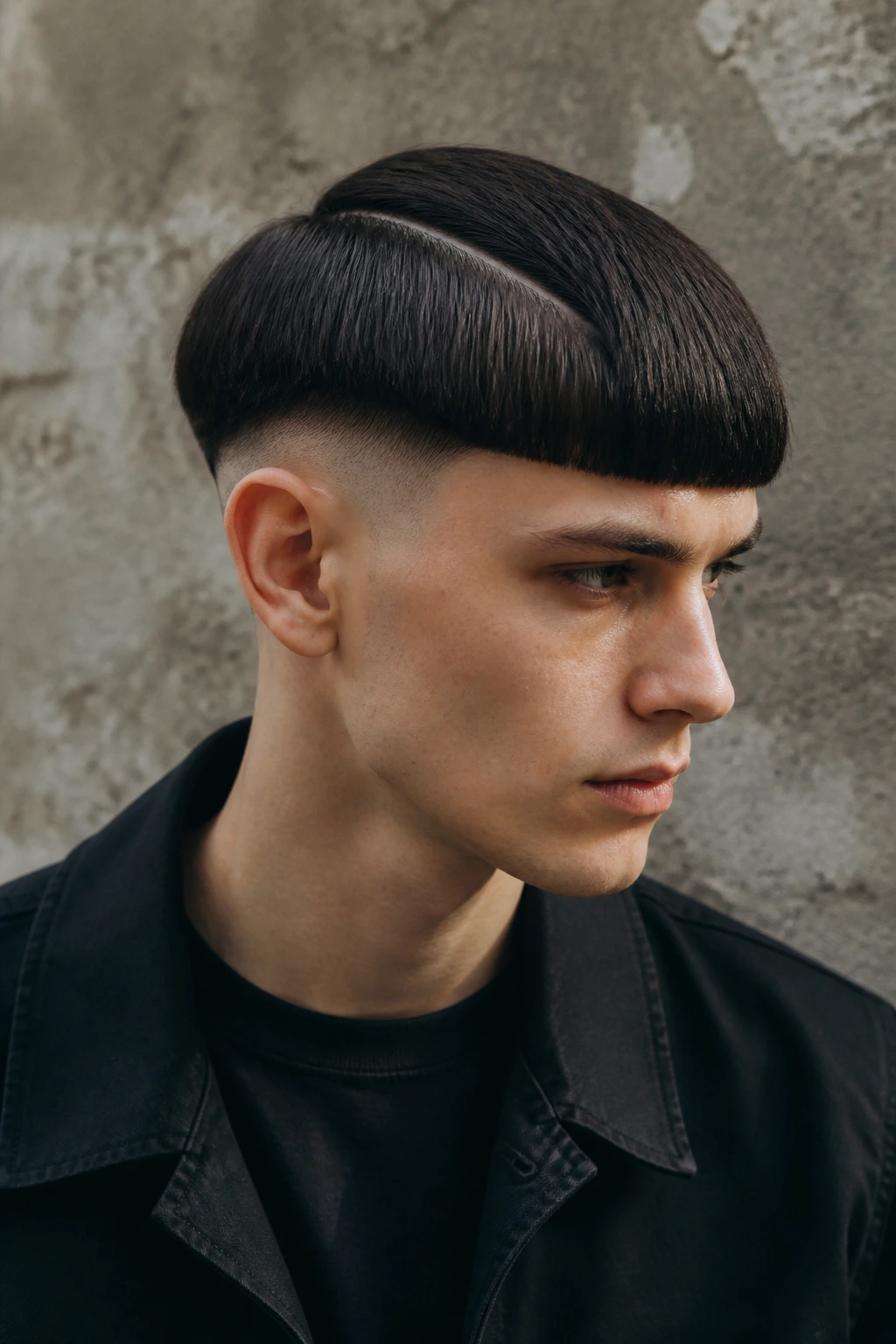 Close-up portrait of a real person with a sharp bowl cut and hard-part silhouette