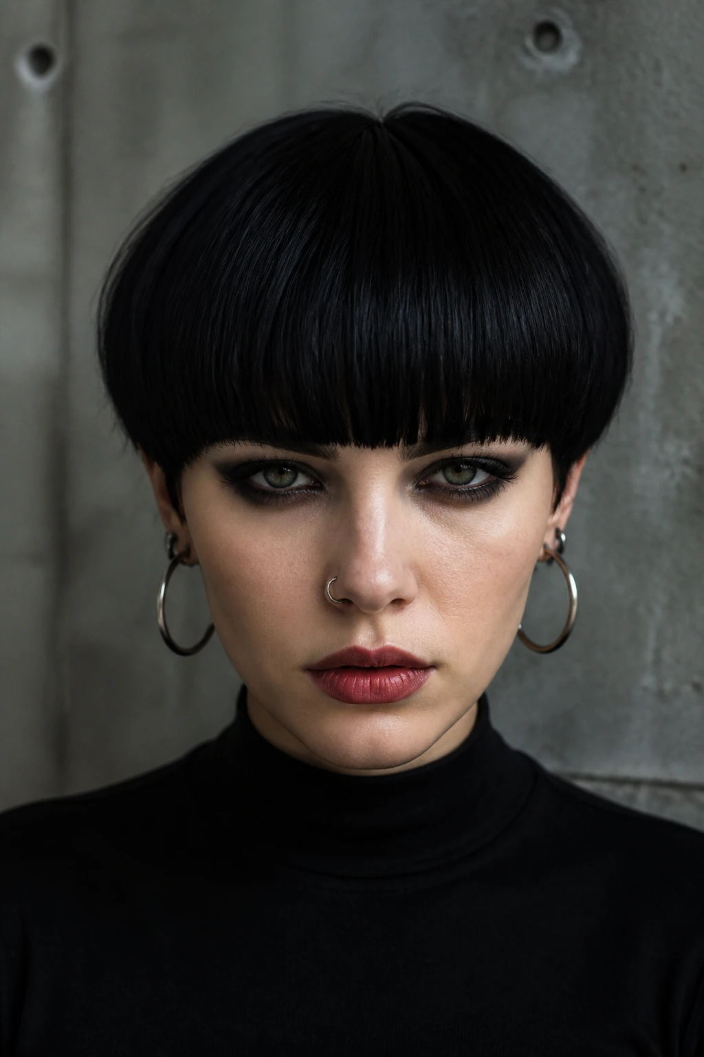 Close-up of a real person with a graphic bowl cut and heavy fringe in an industrial loft