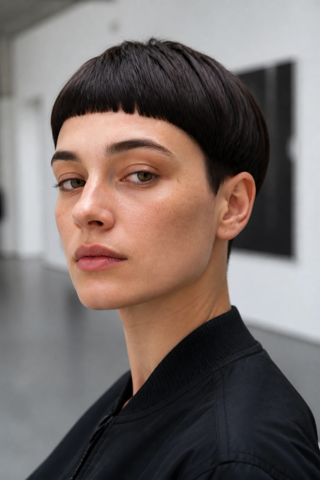 Close-up of a real person with bowl cut and micro bangs in a gallery setting