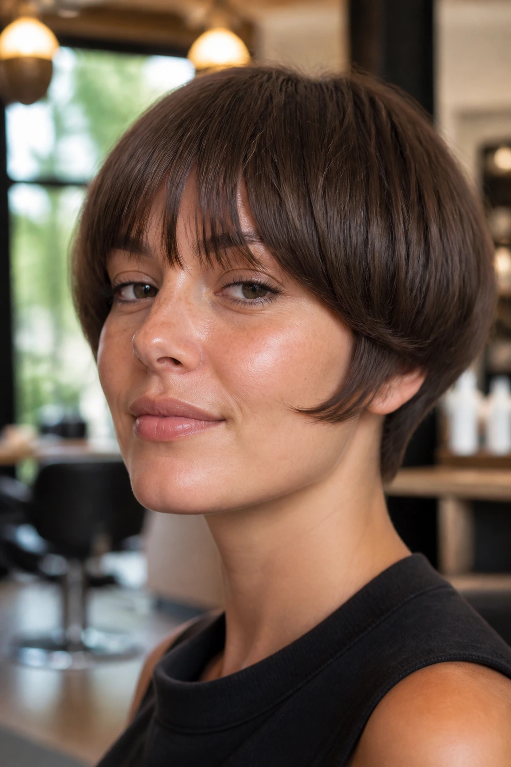Close-up of a real woman with a soft, airy-edged modern bowl cut in warm salon light