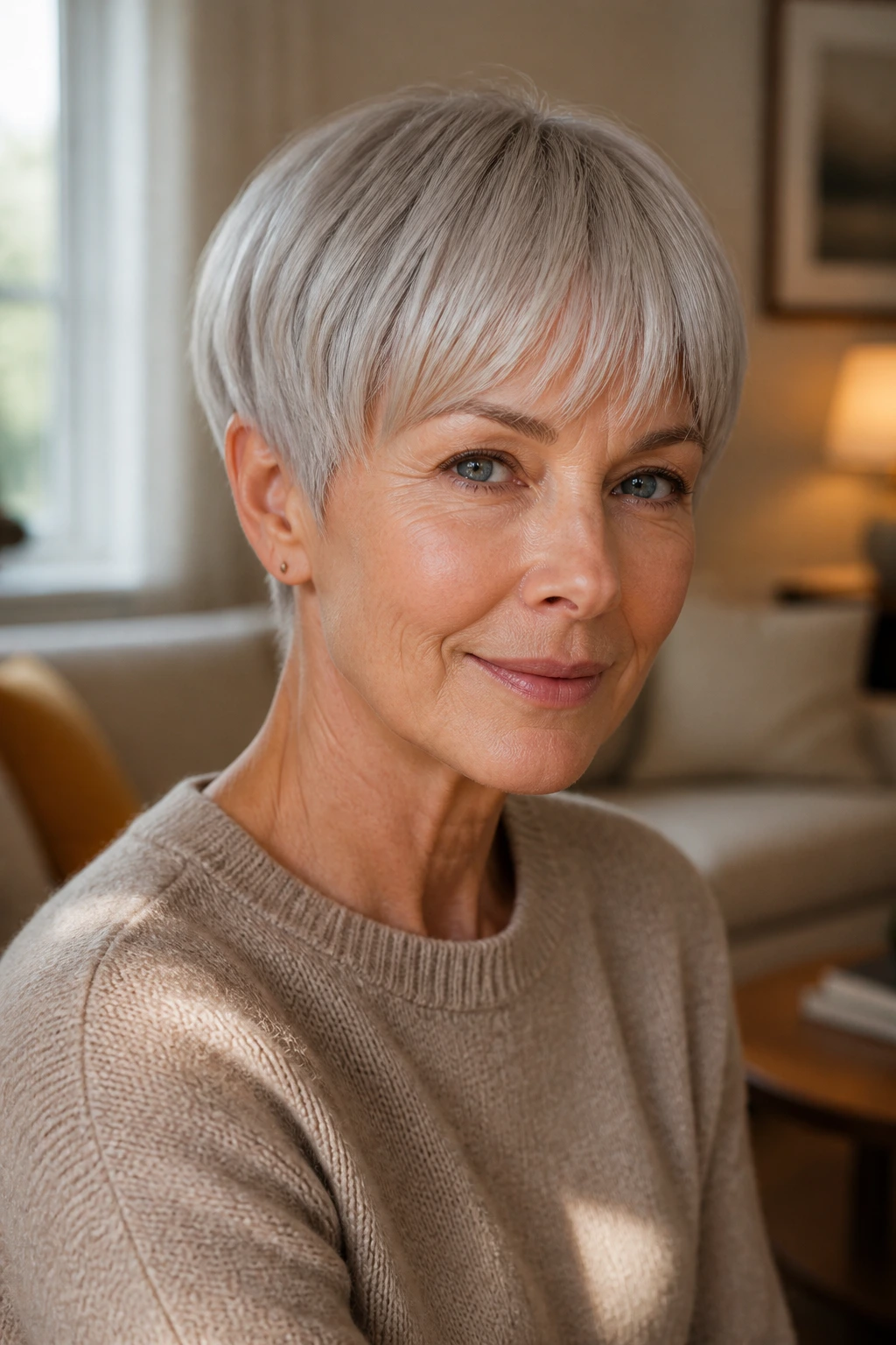 Close-up portrait of an older woman with a modern bowl-inspired crop in a cozy living room