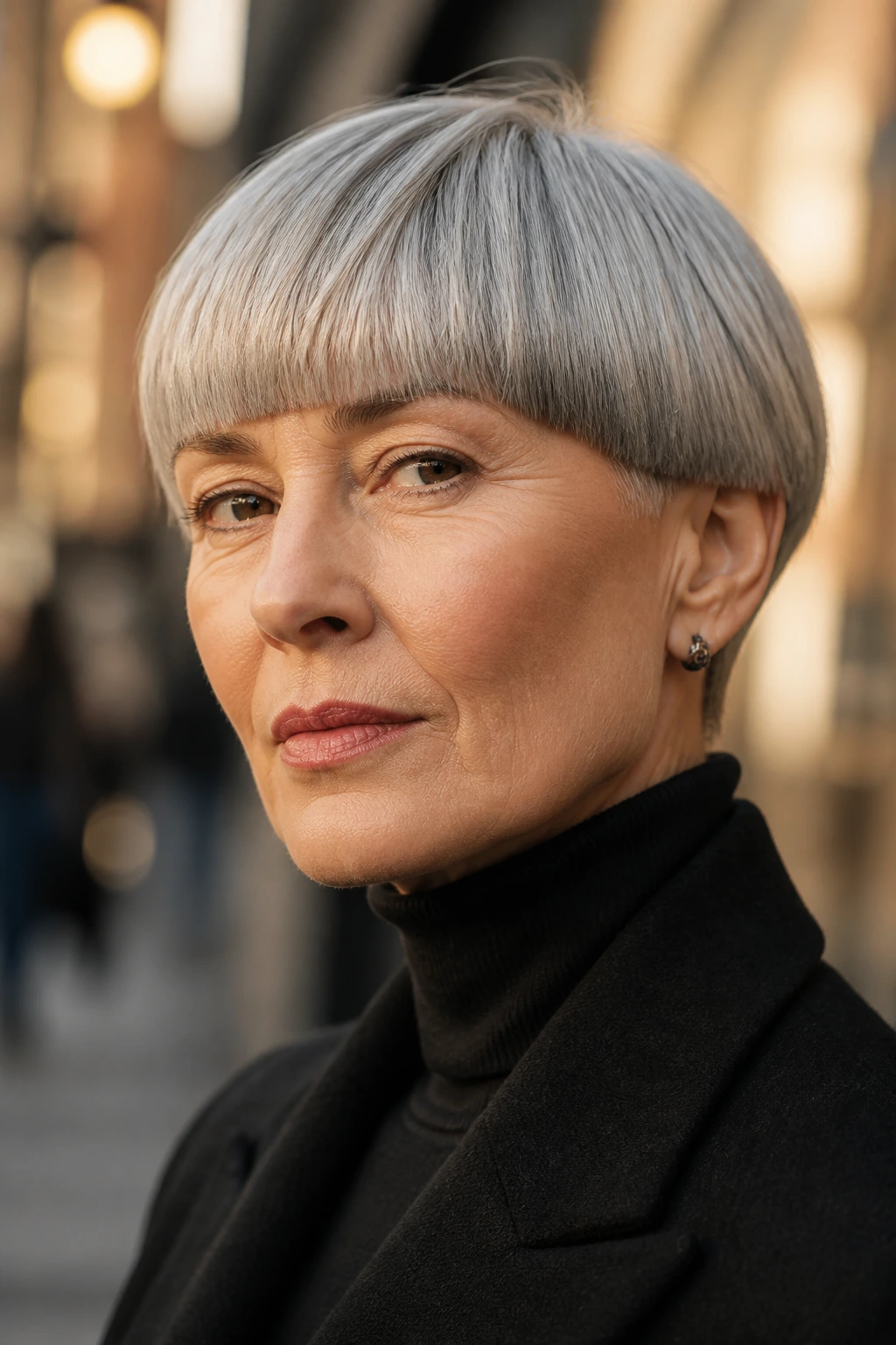 Close-up portrait of a woman with a bowl cut remix showing sharp fringe