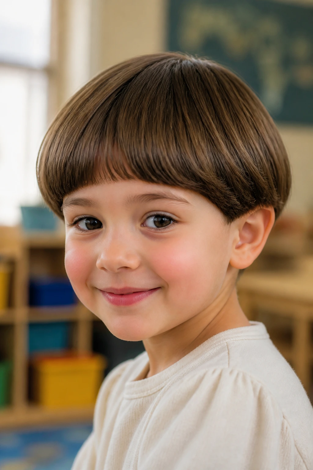 Close-up of a child with a bowl cut and rounded corners
