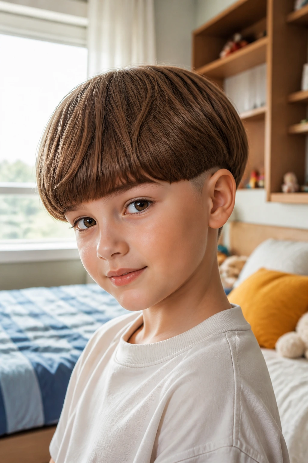 Close-up of a real child with a soft bowl cut and rounded corners in a cozy bedroom