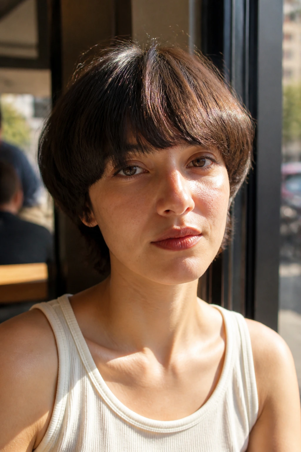 Portrait of a real person with shaggy bowl cut and soft edge bangs in a cafe setting.