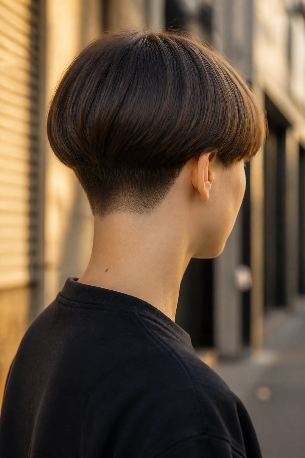 Rear three-quarter view of Bowl Cut With a Sharp Nape hairstyle on a real person