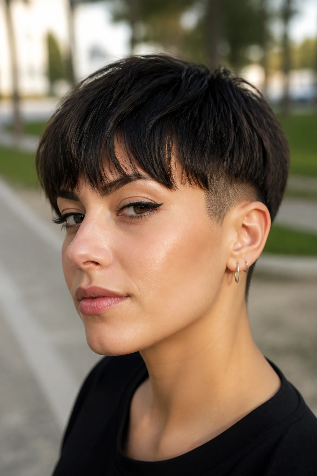 Real woman with textured bowl cut and soft fringe