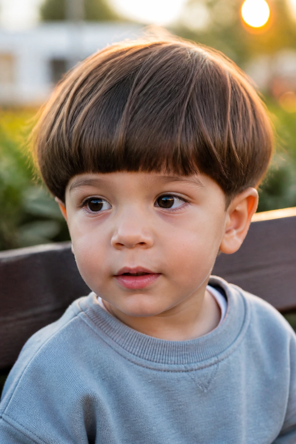 Close-up of real toddler boy with bowl cut and soft edges