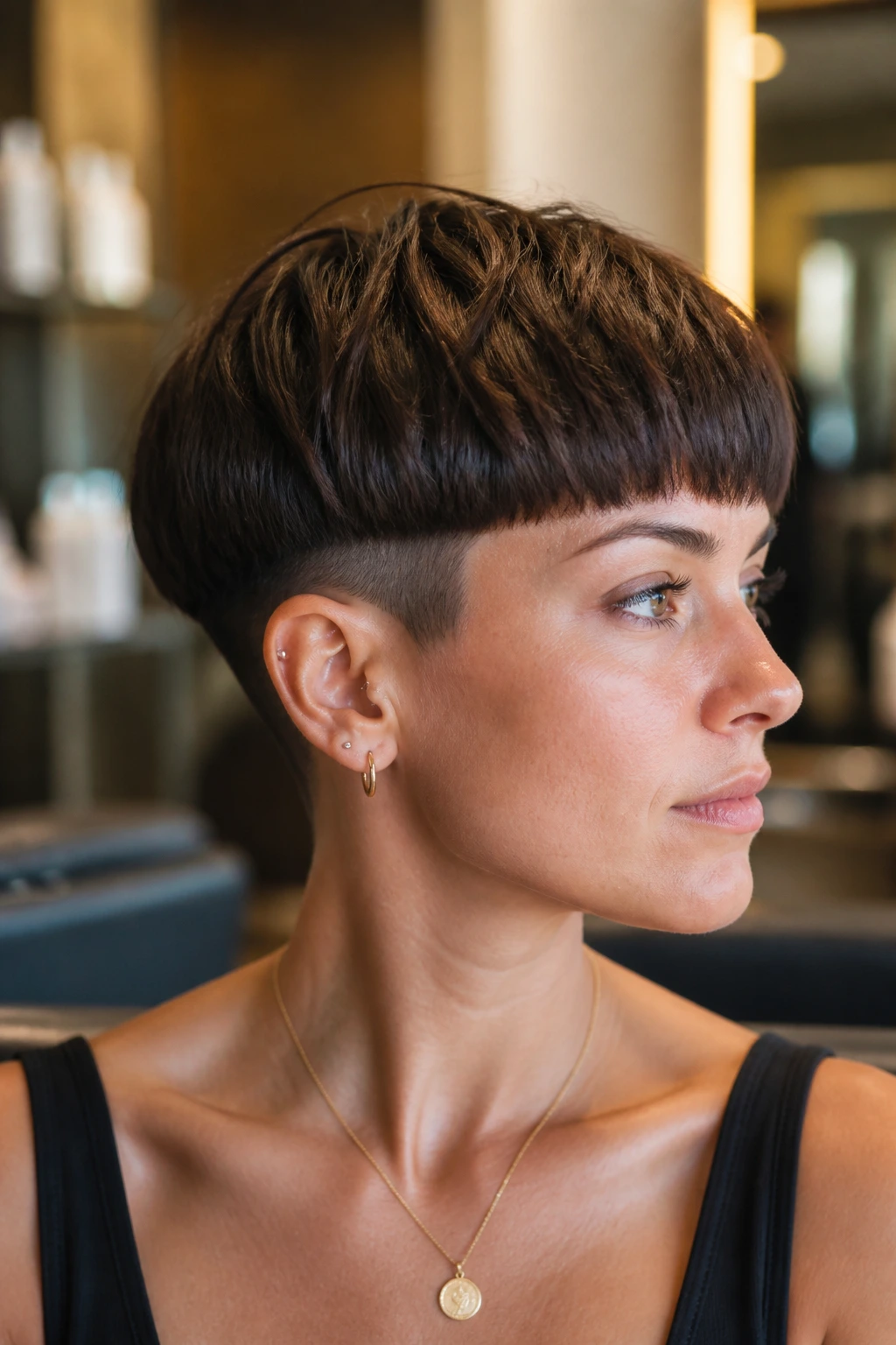 Close-up portrait of a real woman with a bowl-cut-inspired undercut pixie, rounded crown and visible undercut in a salon setting