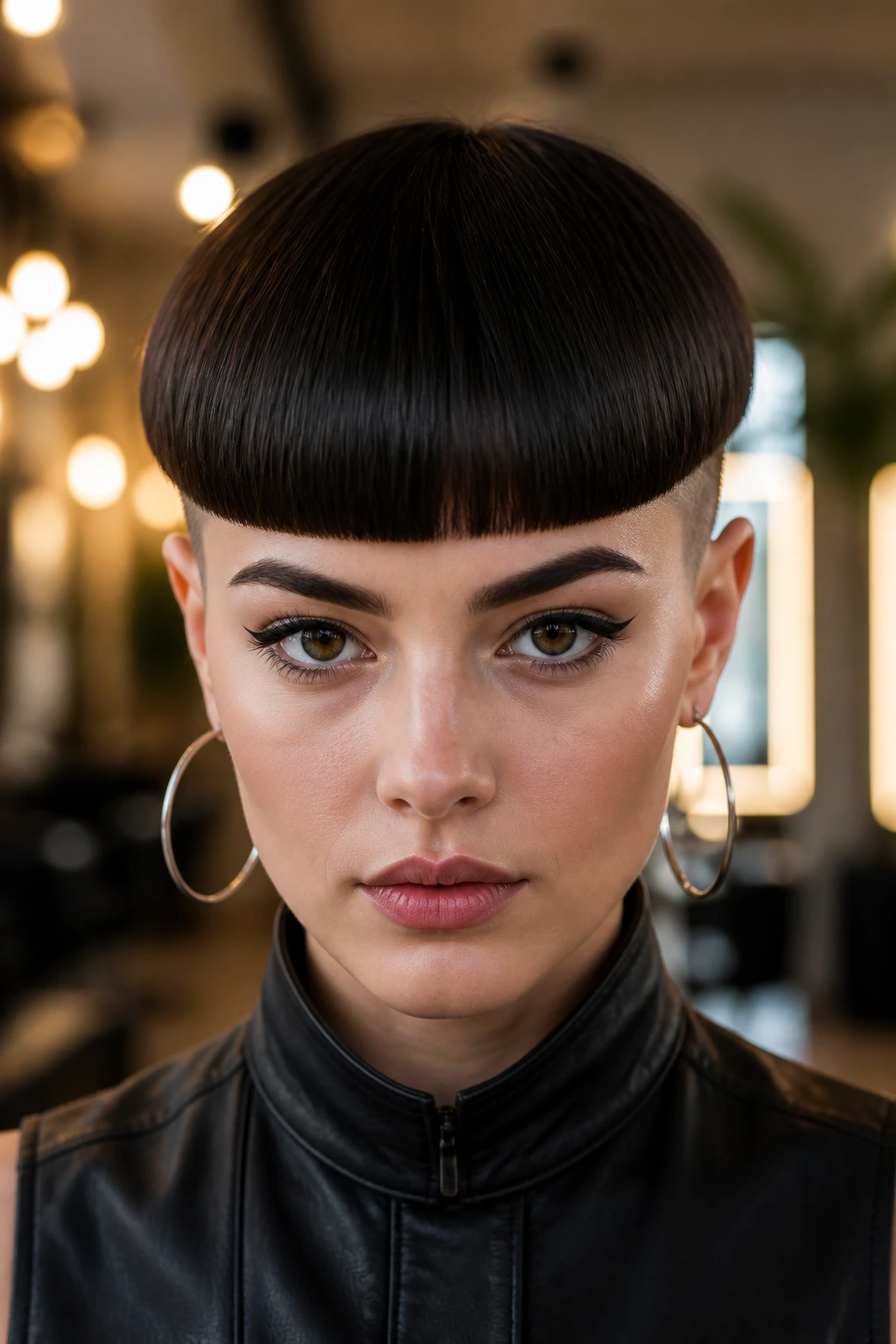 Portrait of a person with razor-sharp bowl cut undercut.