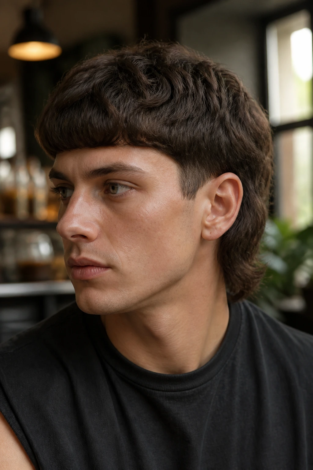 Close-up of a real person with a bowl-edge mullet in a cafe setting