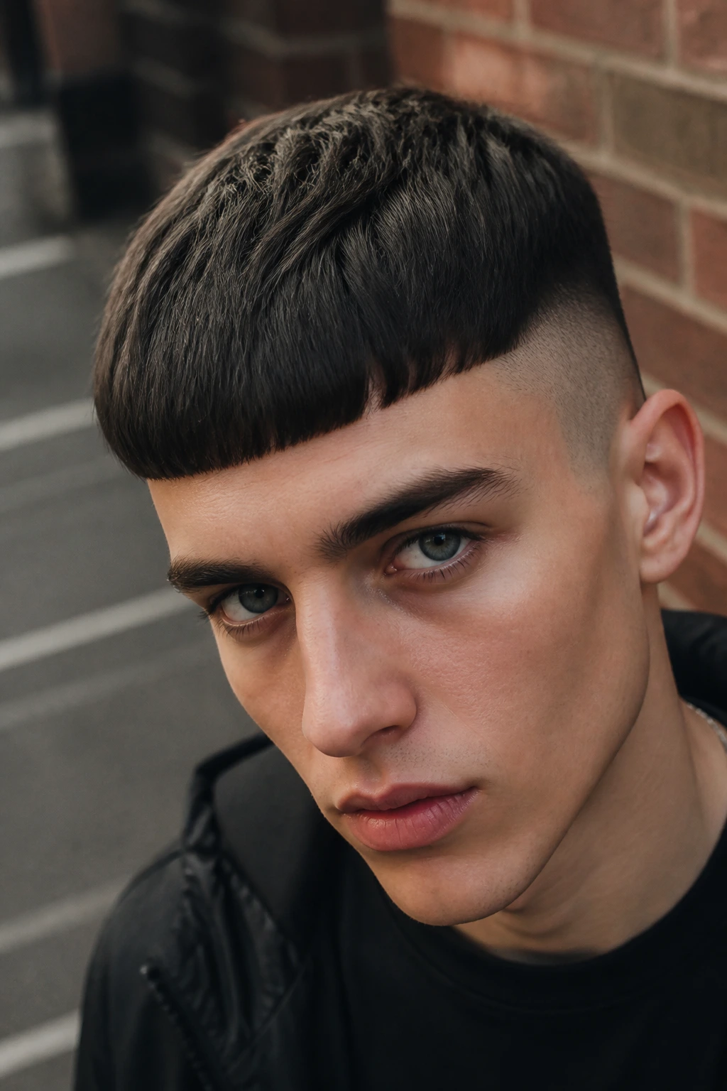 Close-up of a real person with a blunt rounded fringe and tight sides forming a bold facial frame.