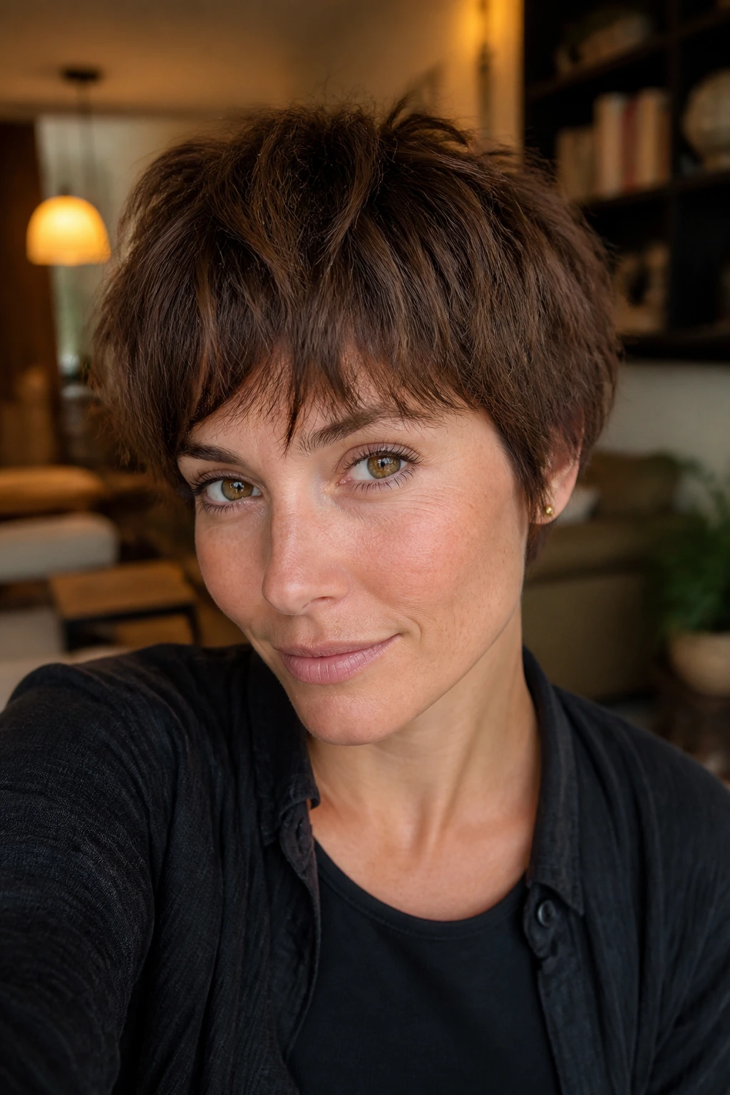 Close-up of a real person with a rounded, bowl-influenced shag pixie showing textured edges.