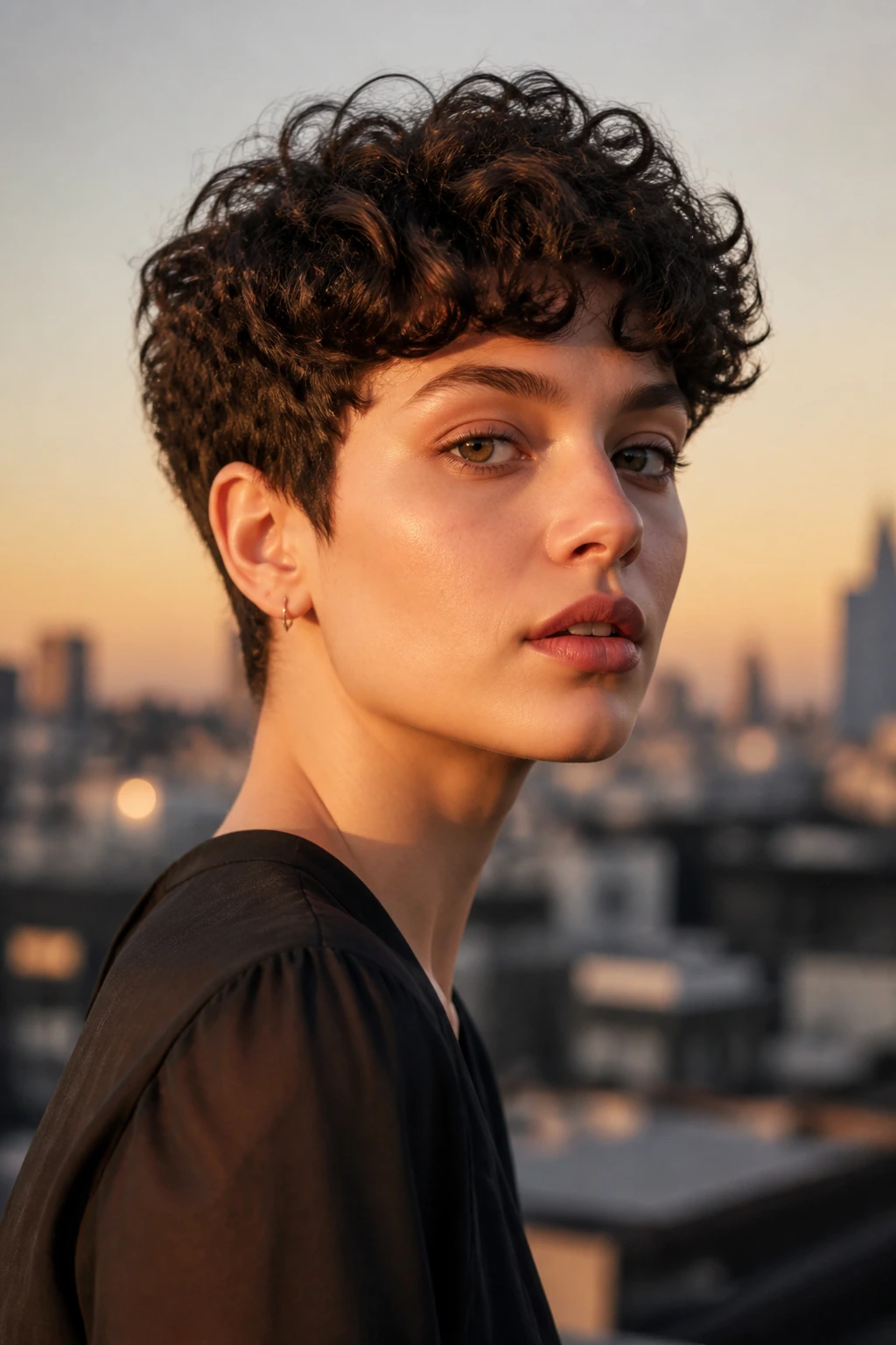 Portrait of person with bowl-inspired curly pixie on rounded crown