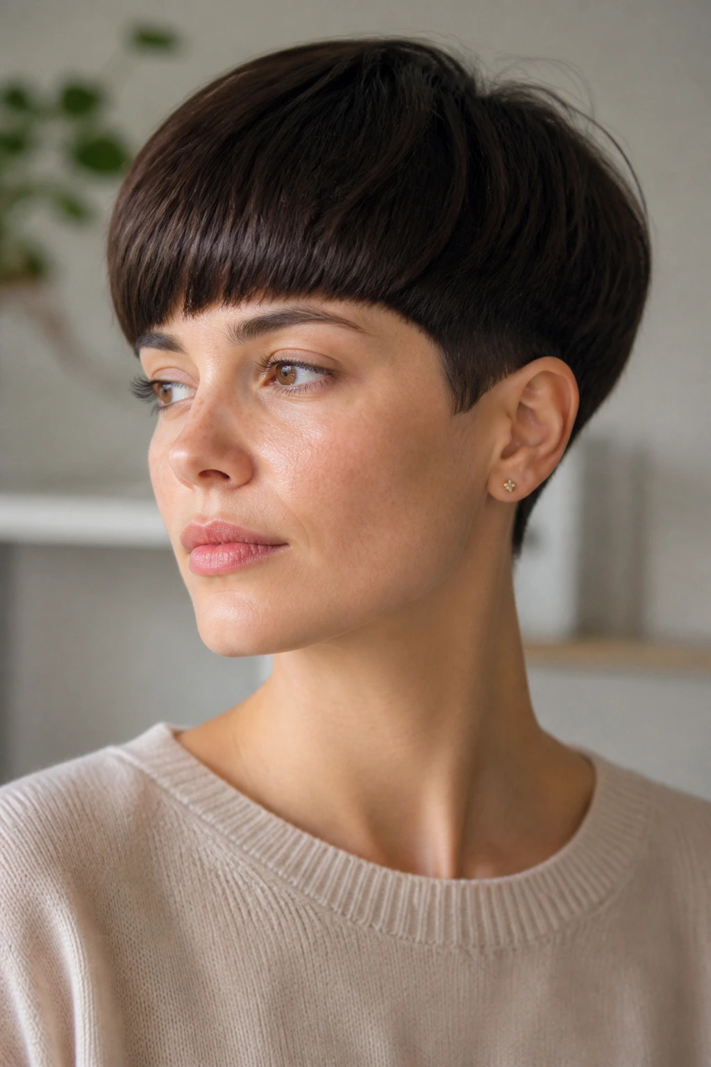 Close-up portrait of real woman with bowl-inspired pixie showing full fringe and rounded sides