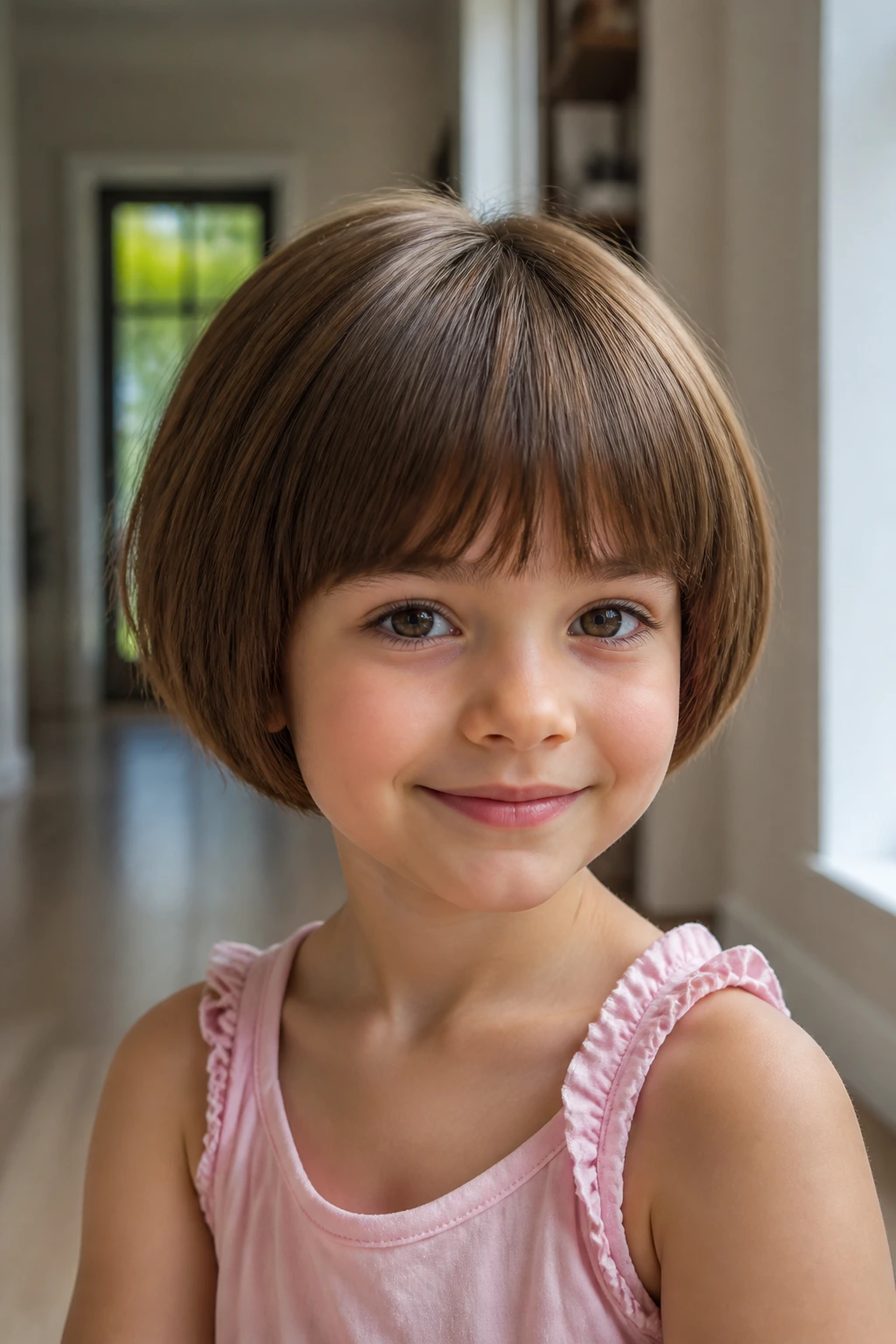 Girl with bowl-inspired soft cut hairstyle in a bright setting