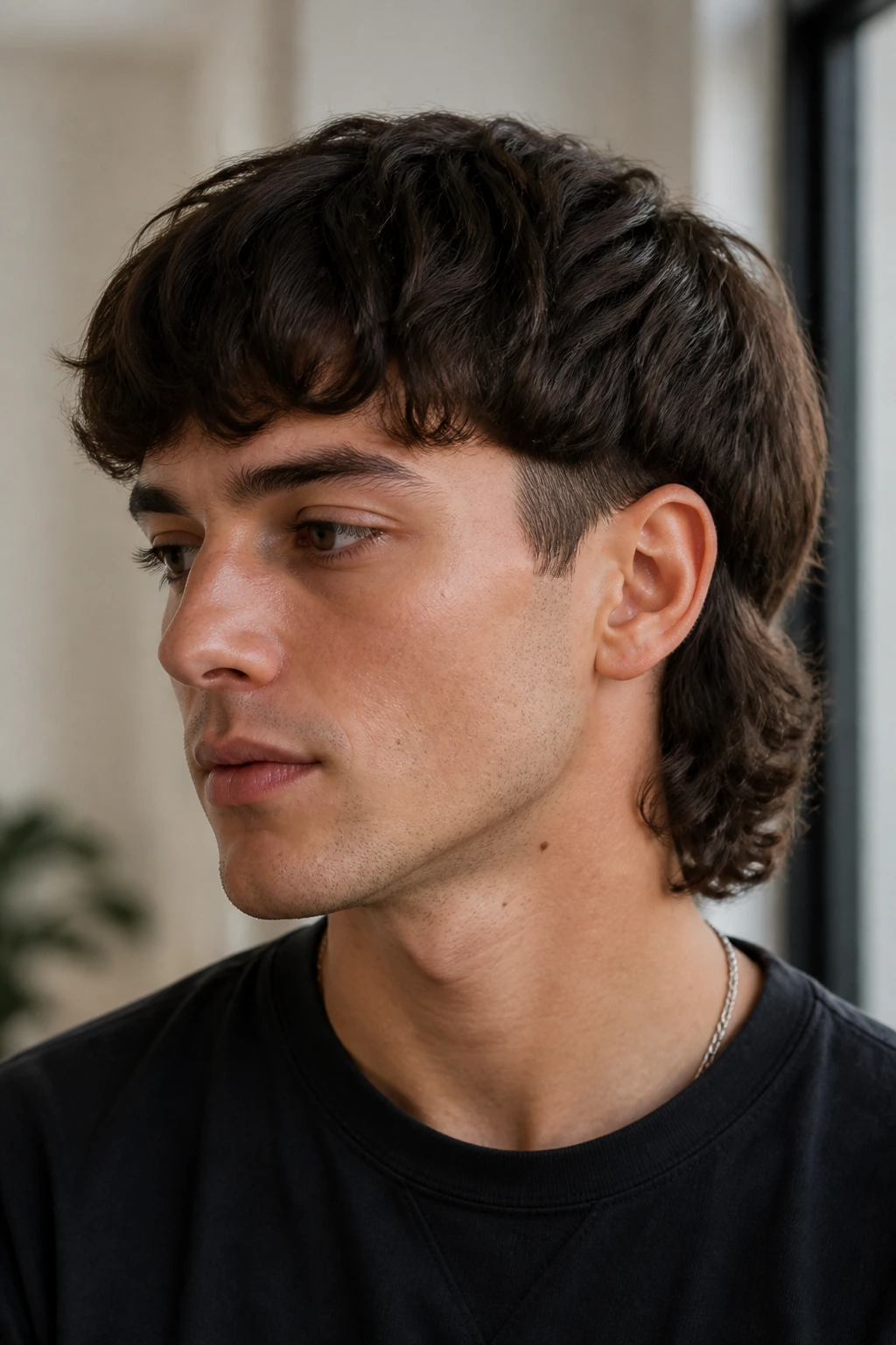 Close-up portrait of a real person with a bowl-mullet hybrid hairstyle
