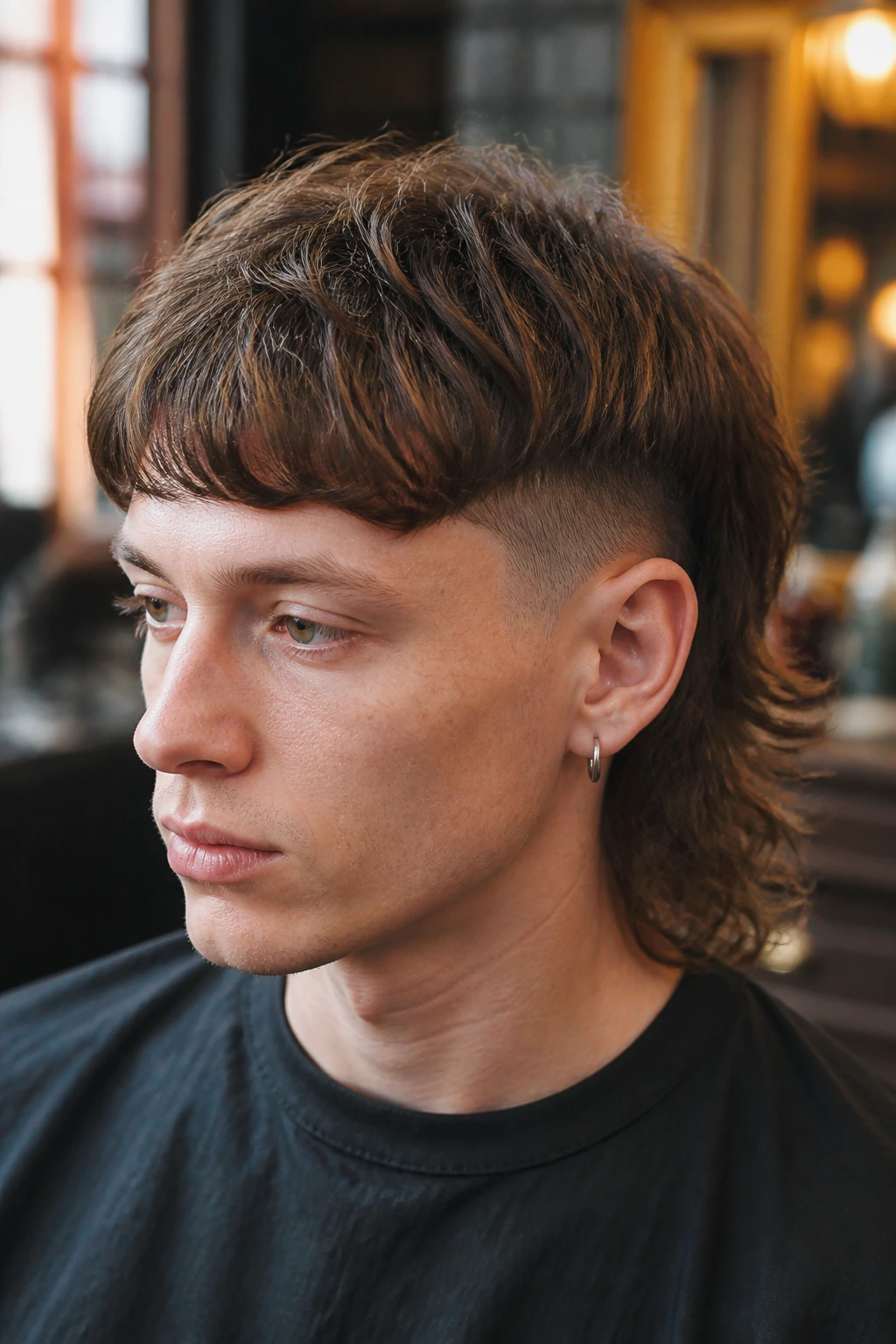 Close-up portrait of a real person with a broken-perimeter bowl-mullet showing textured top and longer back in a warm barber shop.