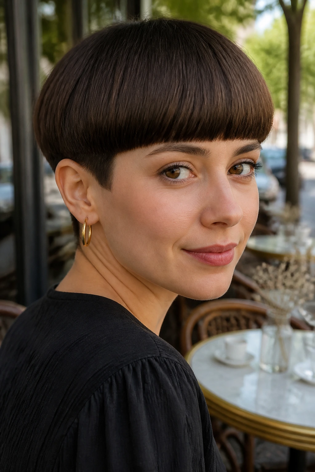 Close-up portrait of a real person with bowl-inspired pixie and rounded bangs