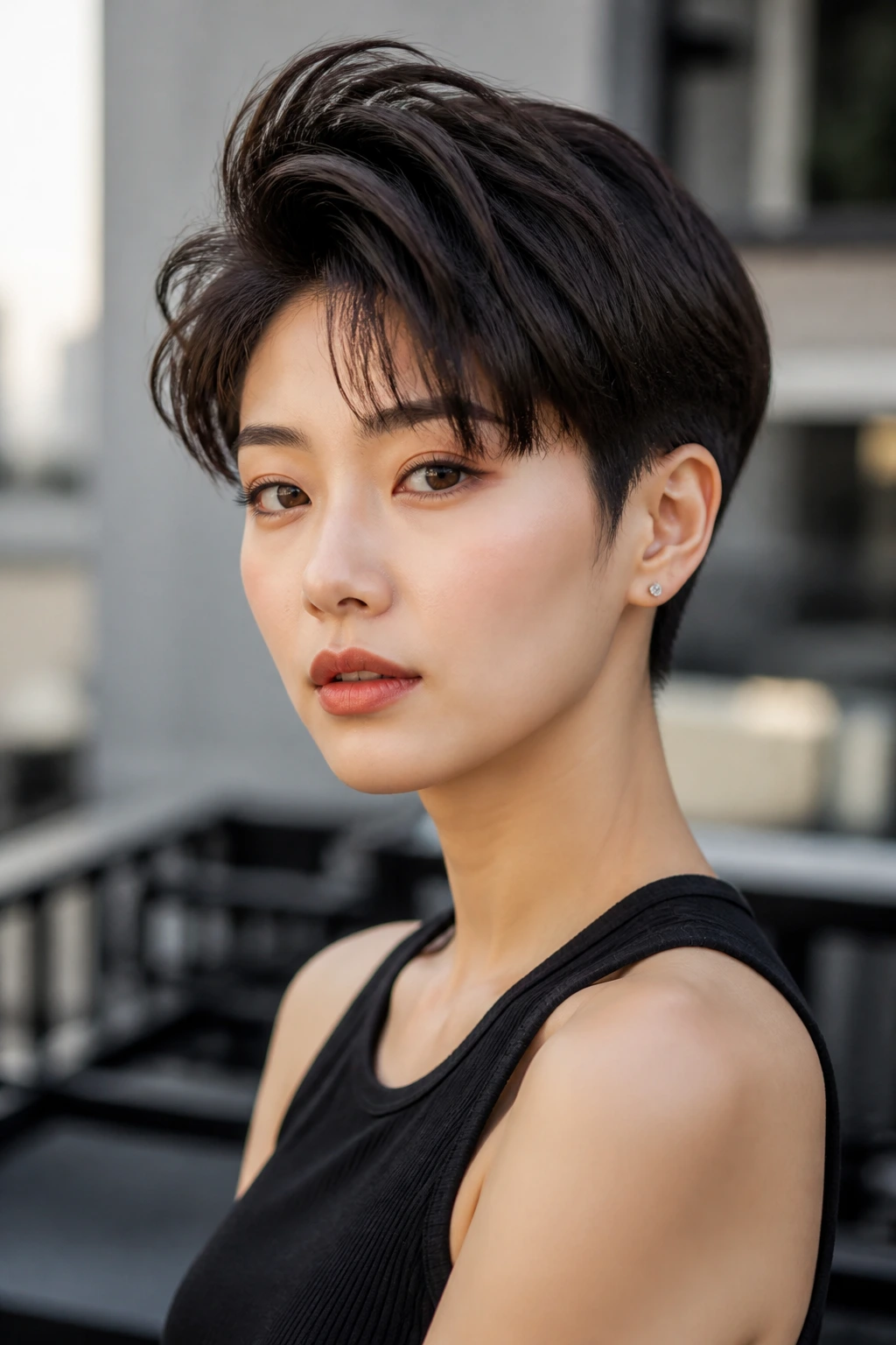Close-up portrait of a real person with bowl-quiff hybrid