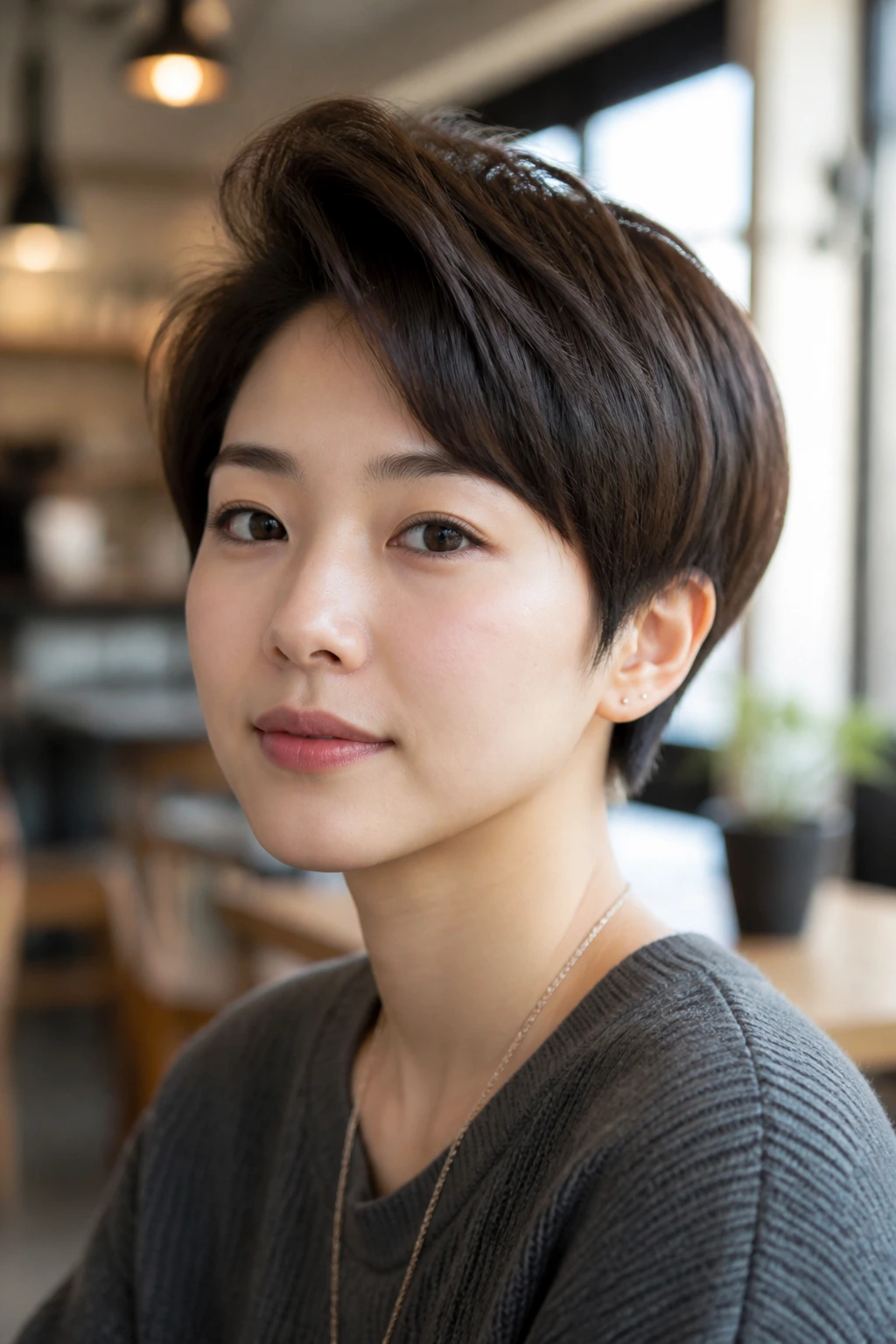 Portrait of a real Asian woman with bowl-quiff hybrid hairstyle showing lifted front.