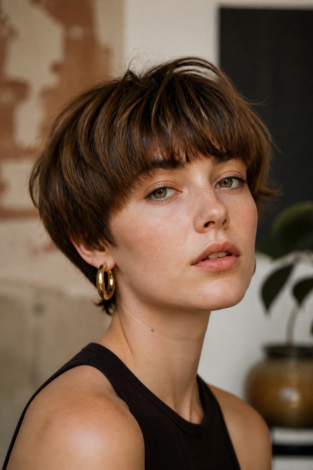 Portrait of real person with shaggy bowl revival hairstyle showing softened fringe and layered crown