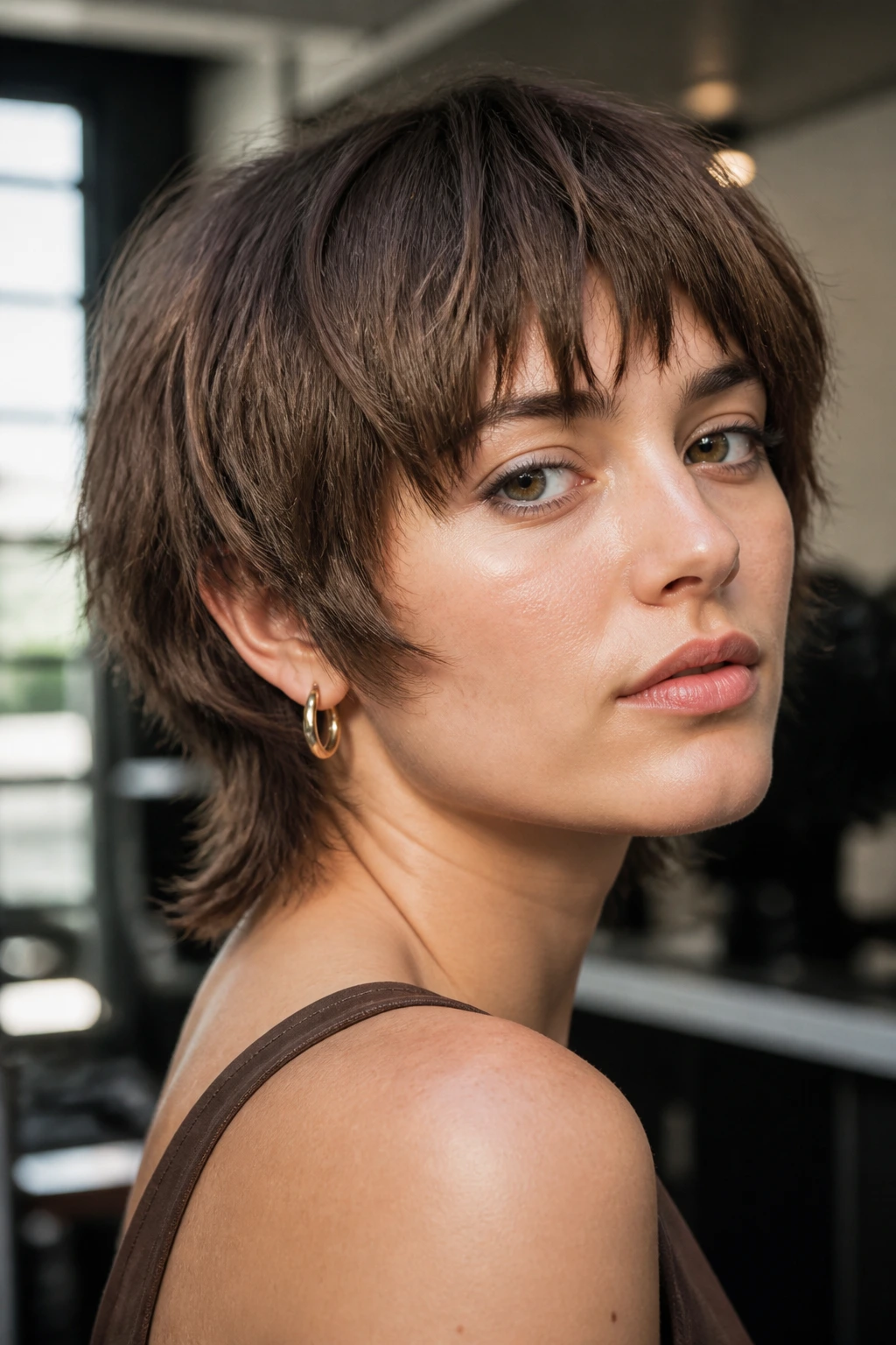 Close-up of real person wearing textured bowl-shag with broken bangs